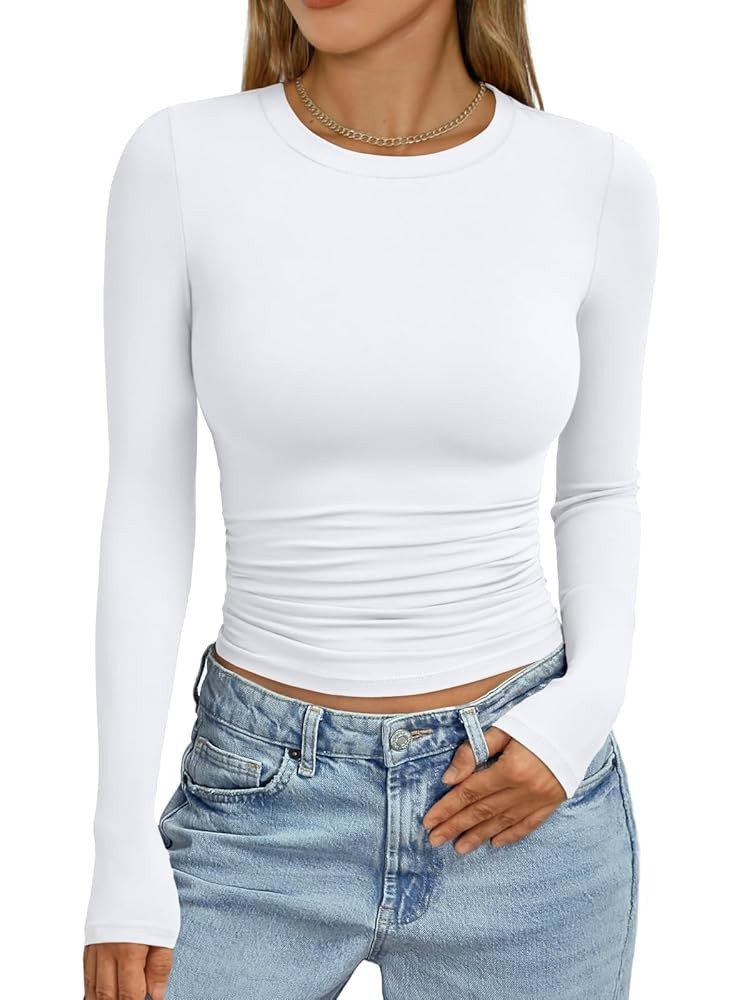 Trendy Queen Womens Long Sleeve Shirts Crop Tops Fall Fashion 2025 Going Out Basic Winter Clothes | Amazon (US)