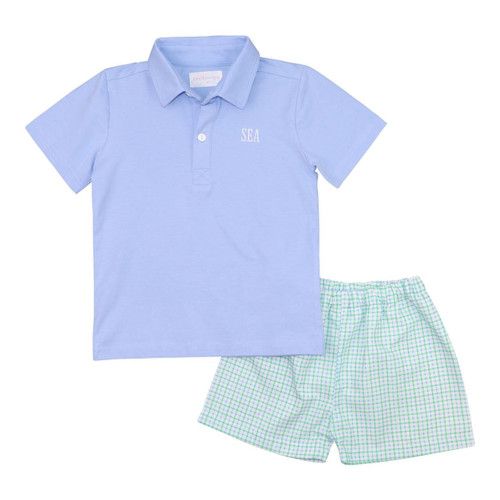 Green And Blue Windowpane Polo Short Set | Cecil and Lou