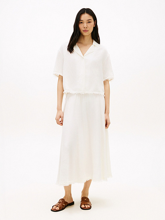 Pleated Linen Blend Midi A-Line Skirt | White | Tommy Hilfiger | Tommy Hilfiger UK