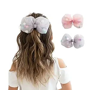 Summer Crystal Tulle Bow Girl Alligator Hair Clips (2Pcs GP Pompons) | Amazon (US)