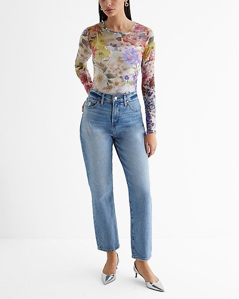 Fitted Mesh Floral Crew Neck Long Sleeve Bodysuit | Express (Pmt Risk)
