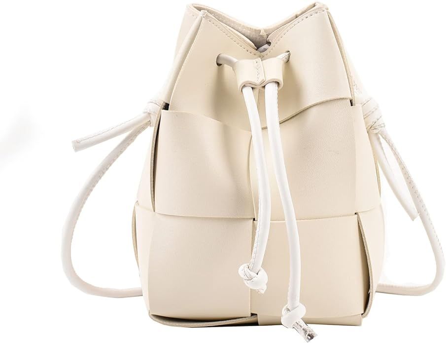 mothgel Women's Woven Bucket Bag Crossbody Handbag PU Square Lattice Drawstring Leather Small Sho... | Amazon (US)