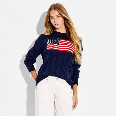 Women's Crewneck American Flag Pullover Sweater - Wild Fable™ Navy Blue Flags M | Target