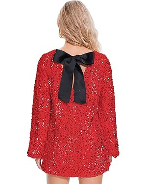 Ypser Women Sequin Dress with Ribbon Bow Tie Long Sleeve Sparkly Mini Dress for Night Out Party | Amazon (US)