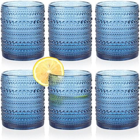 KMIGRUAN Hobnail Drinking Glasses Set of 6,12oz Blue Vintage Glassware,Cocktail Glasses,Embossed ... | Amazon (US)
