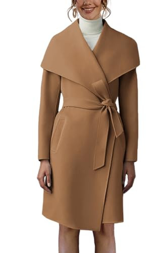 Cicy Bell Women's Pea Trench Coat Lapel Collar Long Jacket Open Front Belted Overcoat with Pockets | Amazon (US)