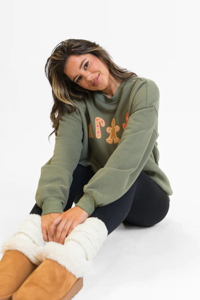 Christmas Cookie Icons Olive Oversized Graphic Sweatshirt DOORBUSTER | Pink Lily