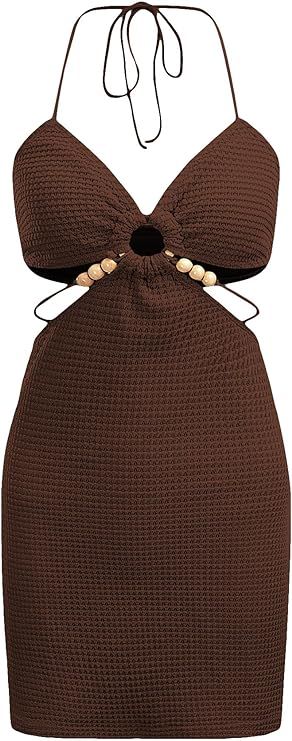 Verdusa Women's Casual Sleeveless Tie Backless Cut Out V Neck Bodycon Halter Mini Beach Boho Dres... | Amazon (US)