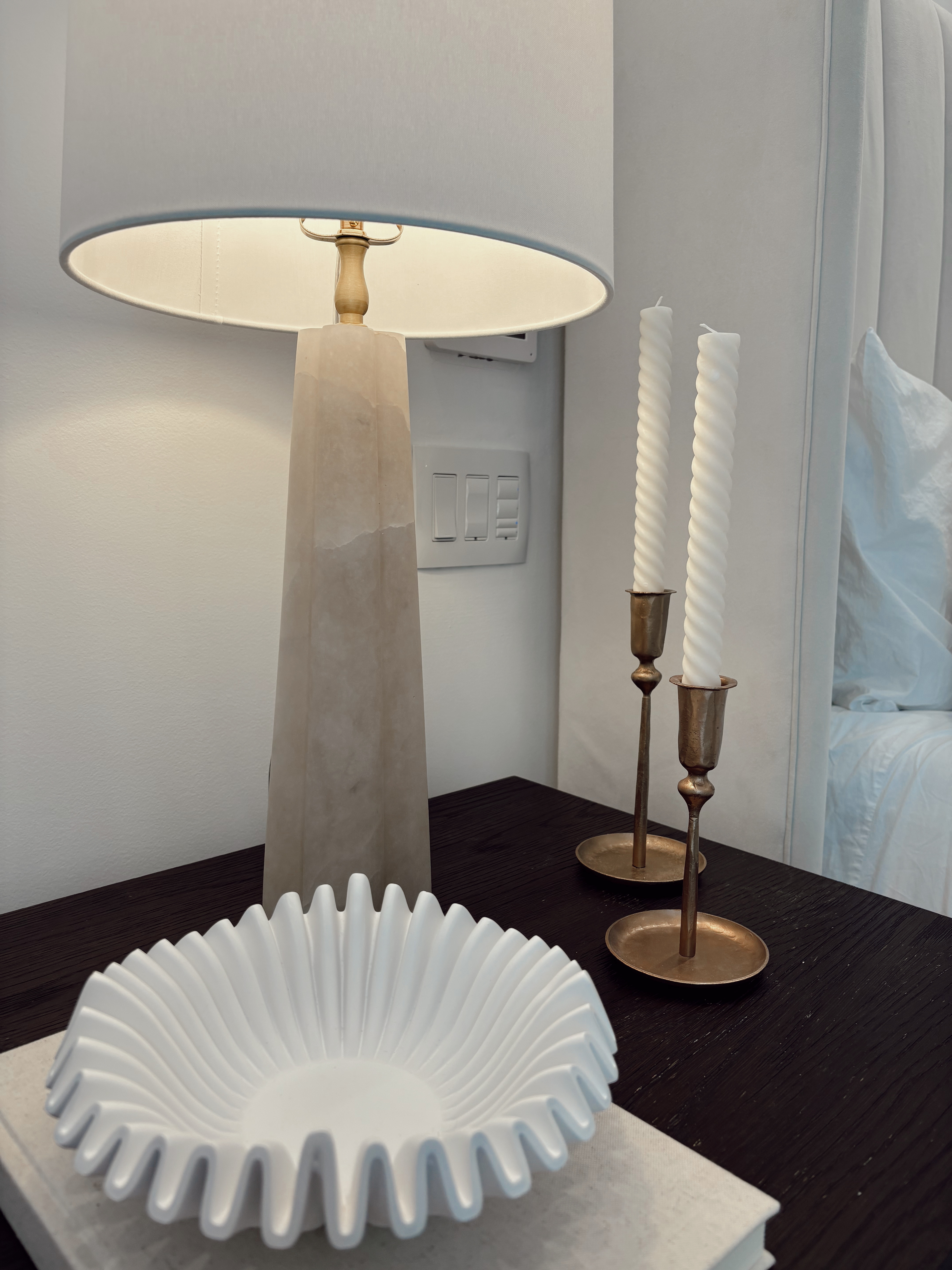 Elegant night stand design🥂 Marble lamp base, pink lamp base, white lamp shade, candle sticks, white candle sticks, fun candle sticks, ruffle bowl, night stand bowl  
 

#LTKStyleTip #LTKHome #LTKFamily