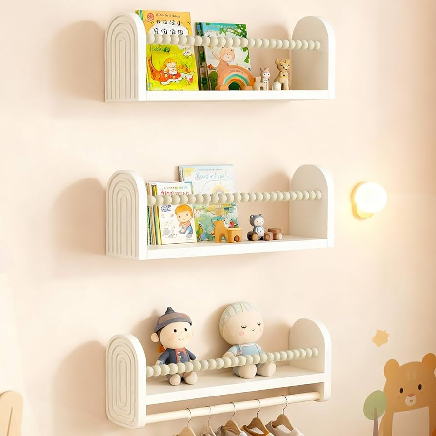 OurWarm Nursery Book Shelves for Wall Set of 3, White Natural Wood Nursery Floating Shelves with ... | Amazon (US)