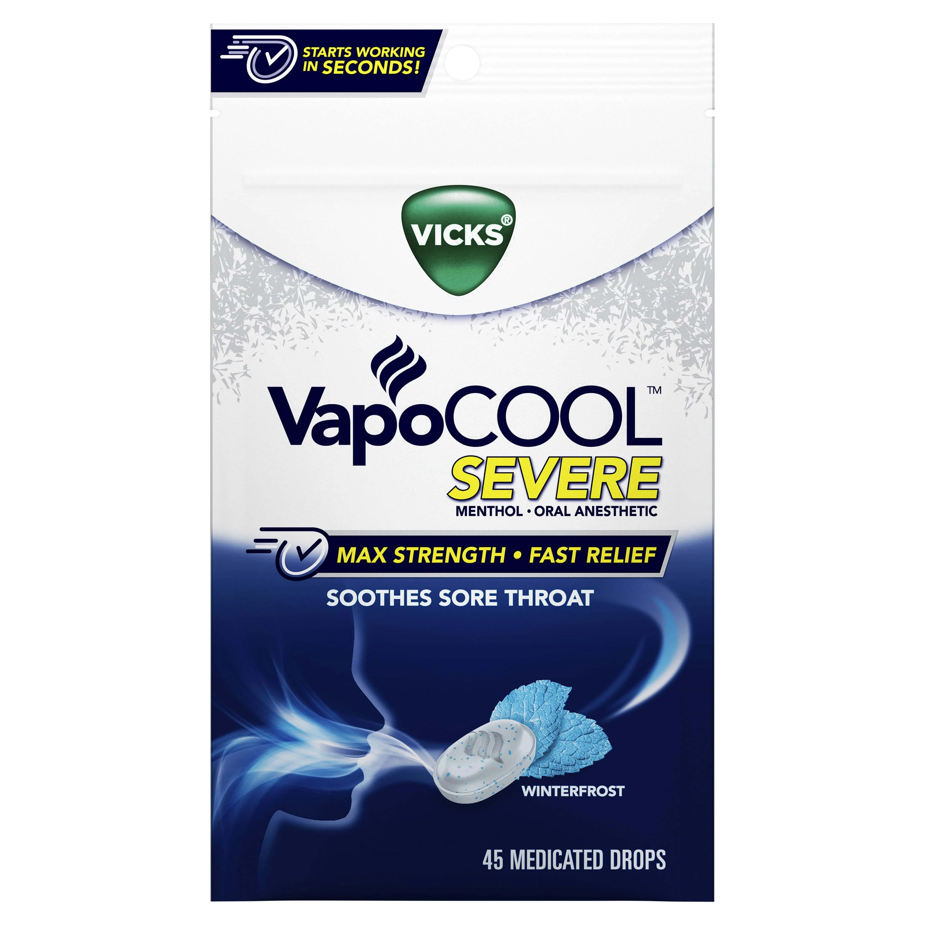 Vicks Vapocool Severe Medicated Sore Throat Drops, Menthol, Winterfrost Flavor, 45 Ct | Walmart (US)