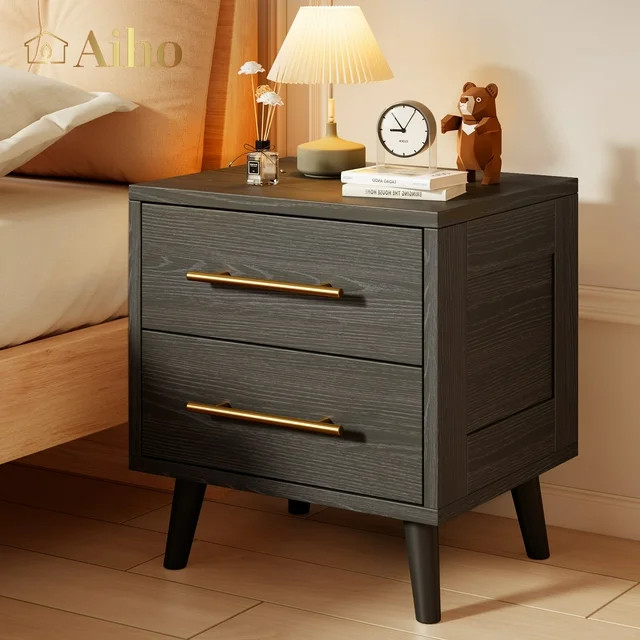 Aiho 2 Drawer Wood Dressers, Wide Chest of Drawers with Gold Handles for Living Room , Black | Walmart (US)
