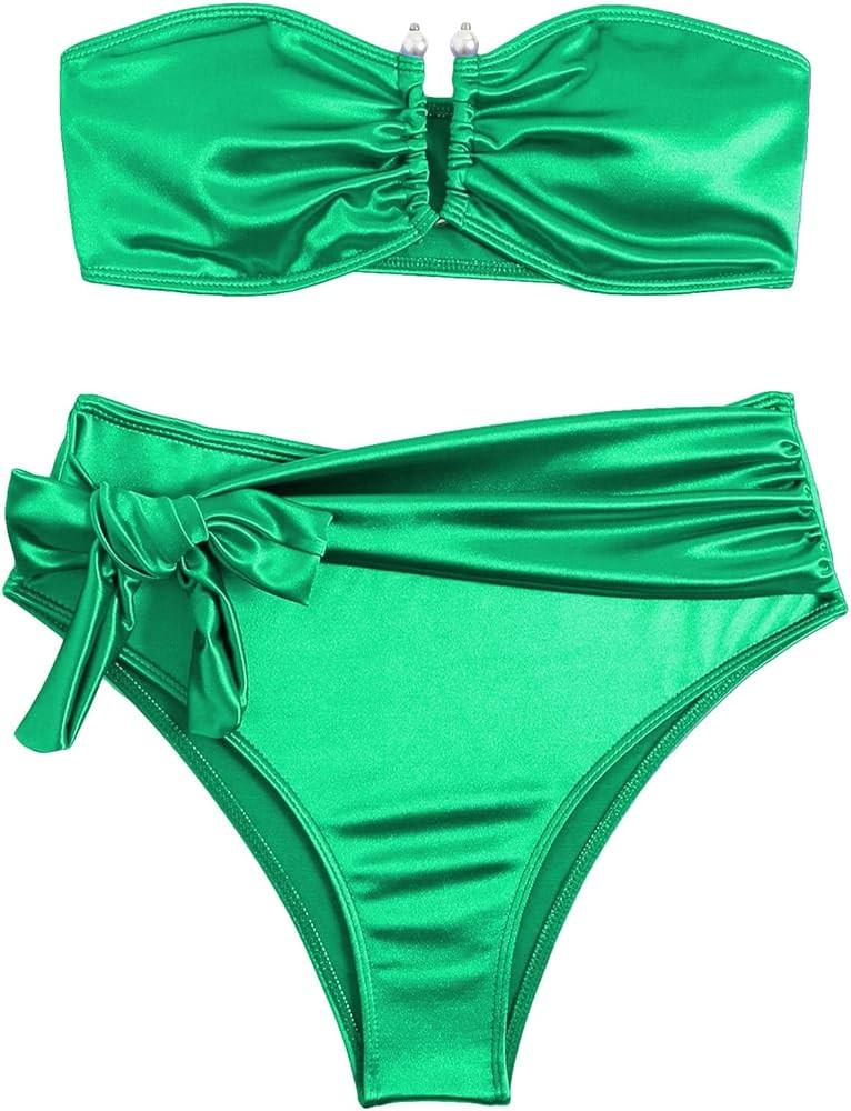WDIRARA Womens Satin High Waisted Bikini Green Bikini Green Bathing Suit Green Swimsuit Bikinis 2024 | Amazon (US)