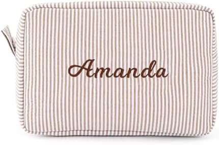 MT WORLD Cosmetic Bag Personalized Makeup Bag for Women Girls Seersucker Preppy Bridesmaid Makeup... | Amazon (US)