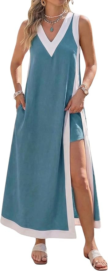 Hooever Women's 2 Piece Dress Sets Color Block Sleeveless V Neck Maxi Dress Matching Shorts with ... | Amazon (US)