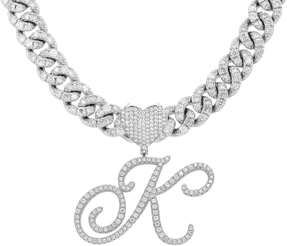 Initial Necklaces Silver Cuban Link Chain for Women Iced Out Chain with Heart Letter Pendants Cus... | Amazon (US)