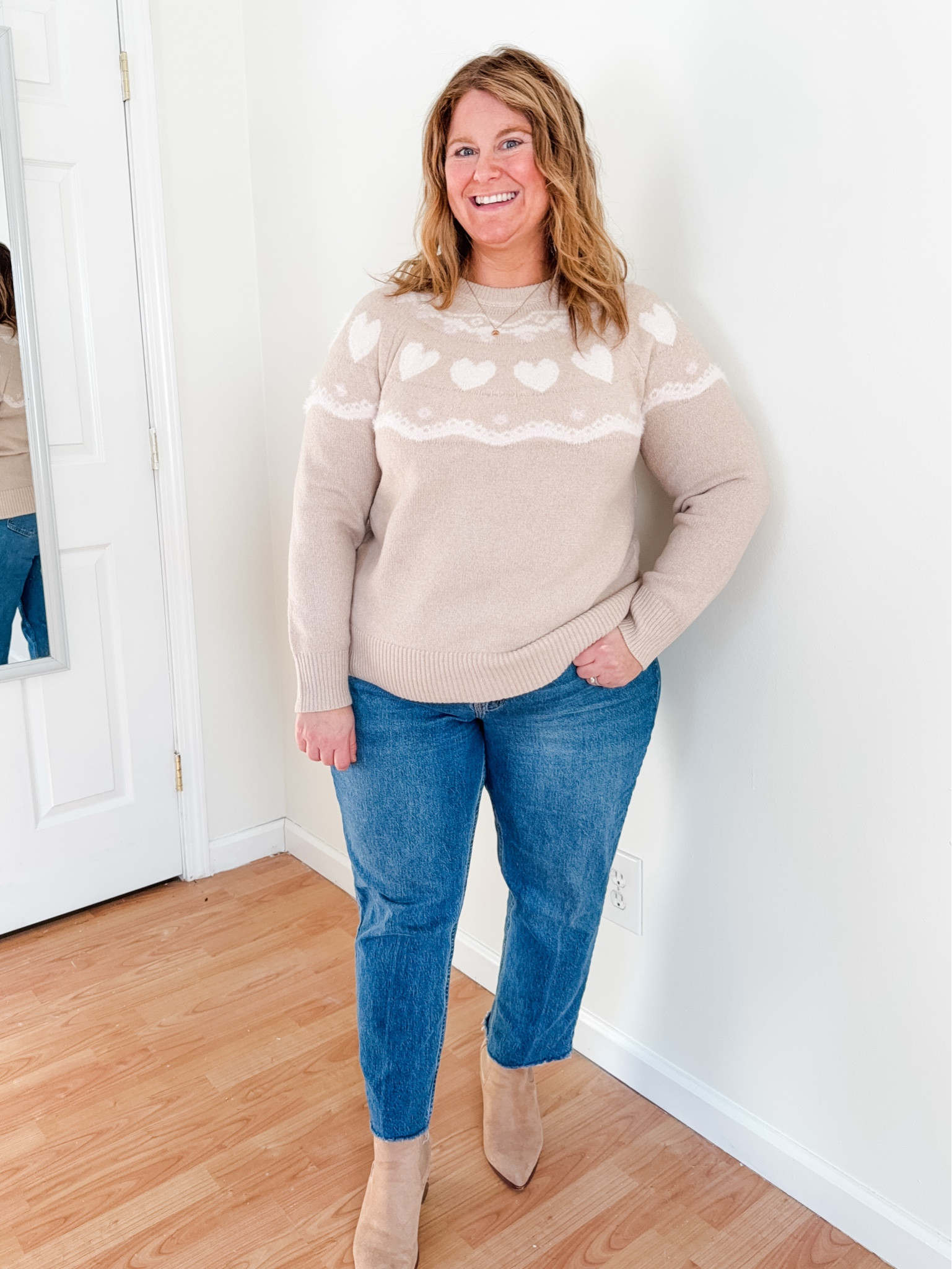 Wearing an XL in my sweater and a 33 short in my jeans.  Heart sweater would be cute for Valentine’s Day but also all year! 

#LTKSeasonal #LTKSaleAlert #LTKMidsize