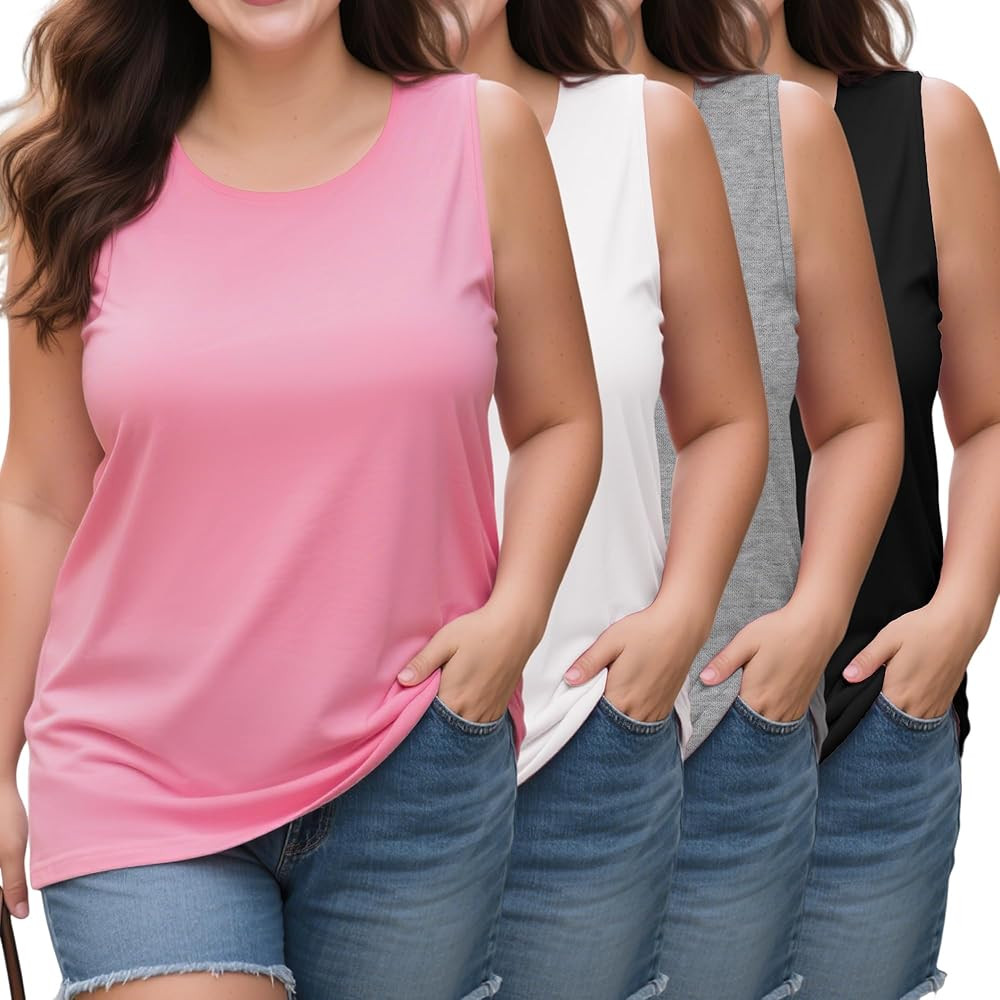 4 Pack Women's Plus Size Tank Tops, Scoop Neck Sleeveless Shirts Casual Summer Ladies Basic T-Shi... | Amazon (US)