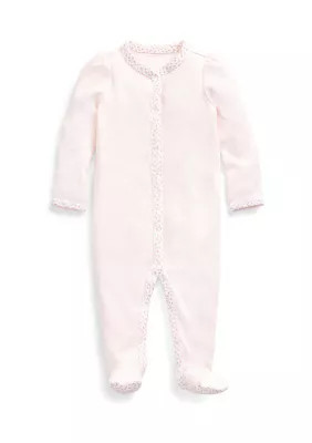 Ralph Lauren Childrenswear Baby Girls Floral Trim Cotton Coverall, Pink, Newborn | Belk