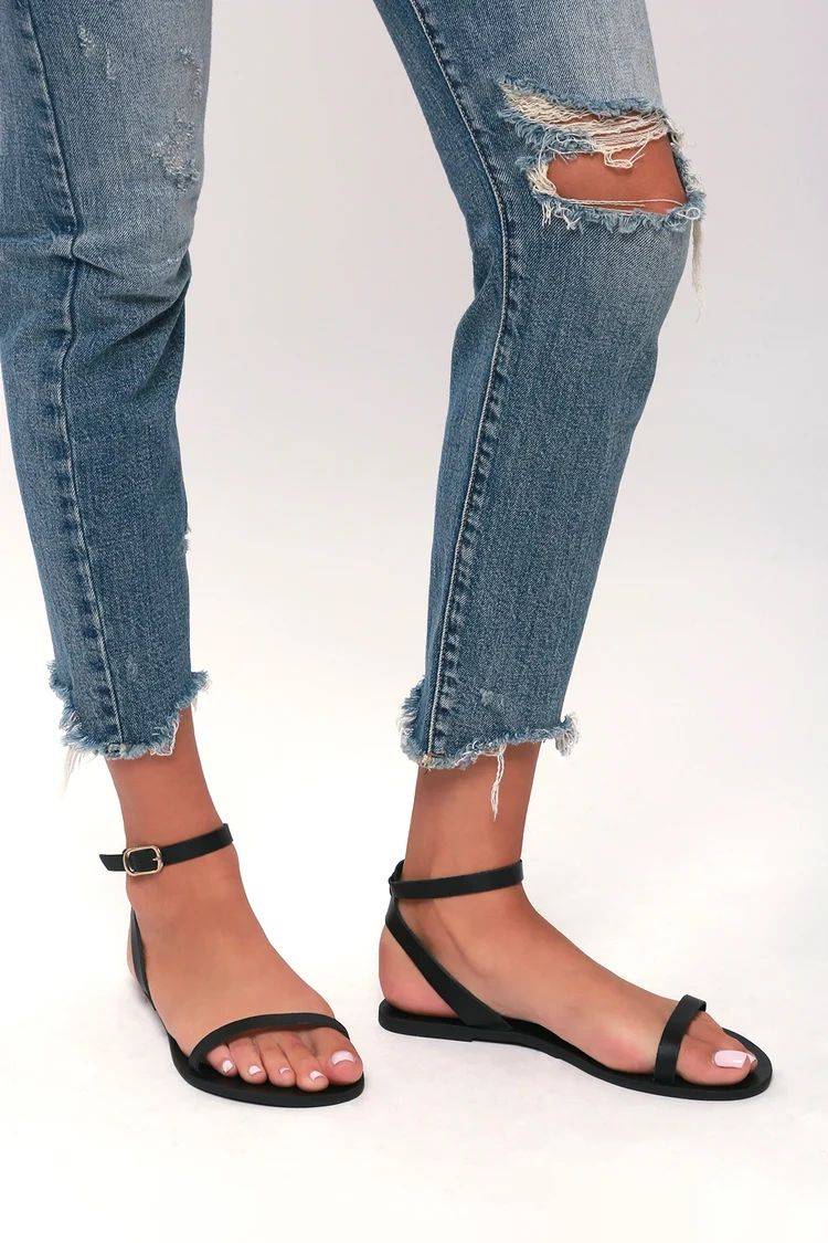 Colette Black Nappa Leather Flat Ankle Strap Sandals | Lulus (US)