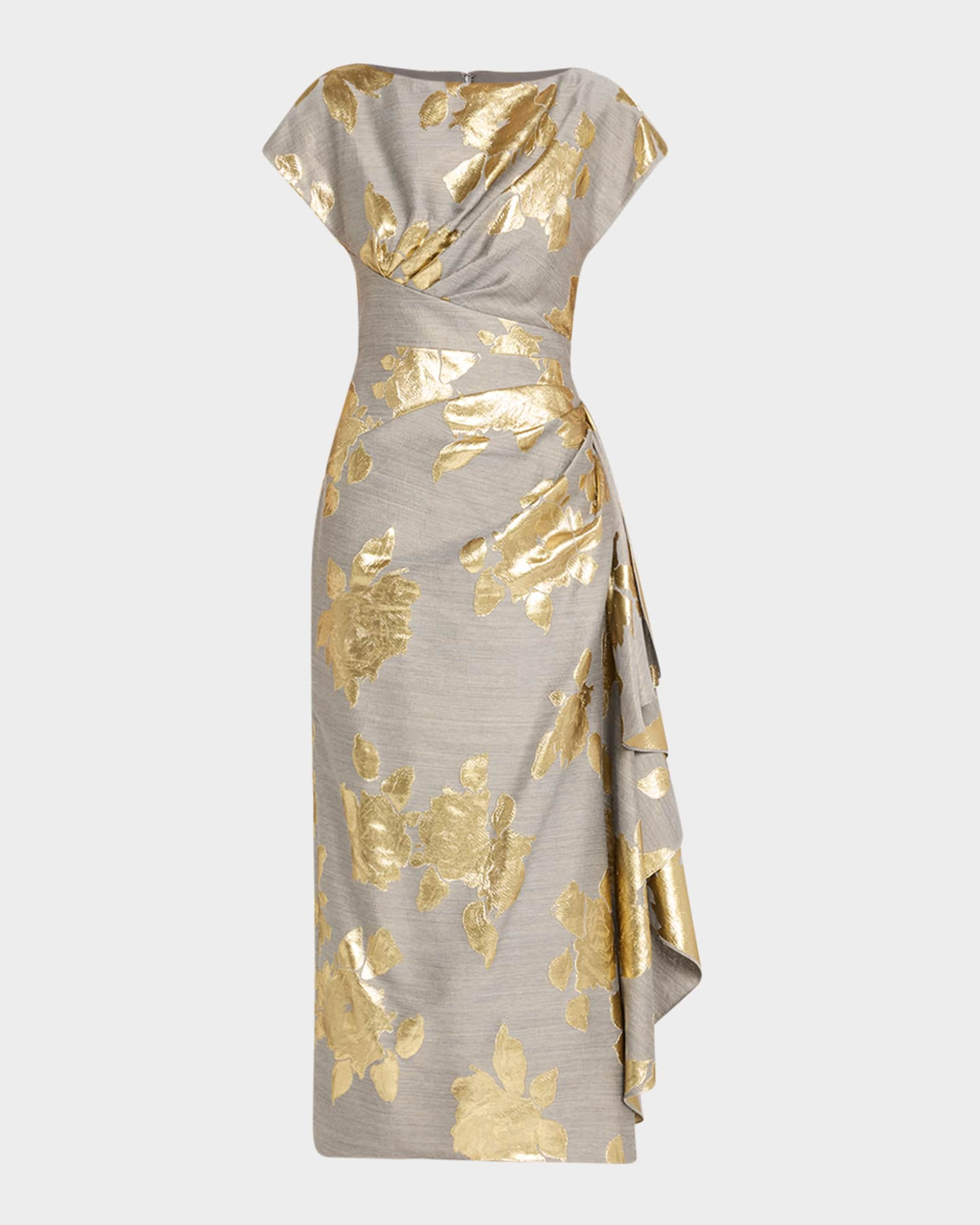 Florence Metallic Floral Jacquard Draped Midi Dress | Neiman Marcus