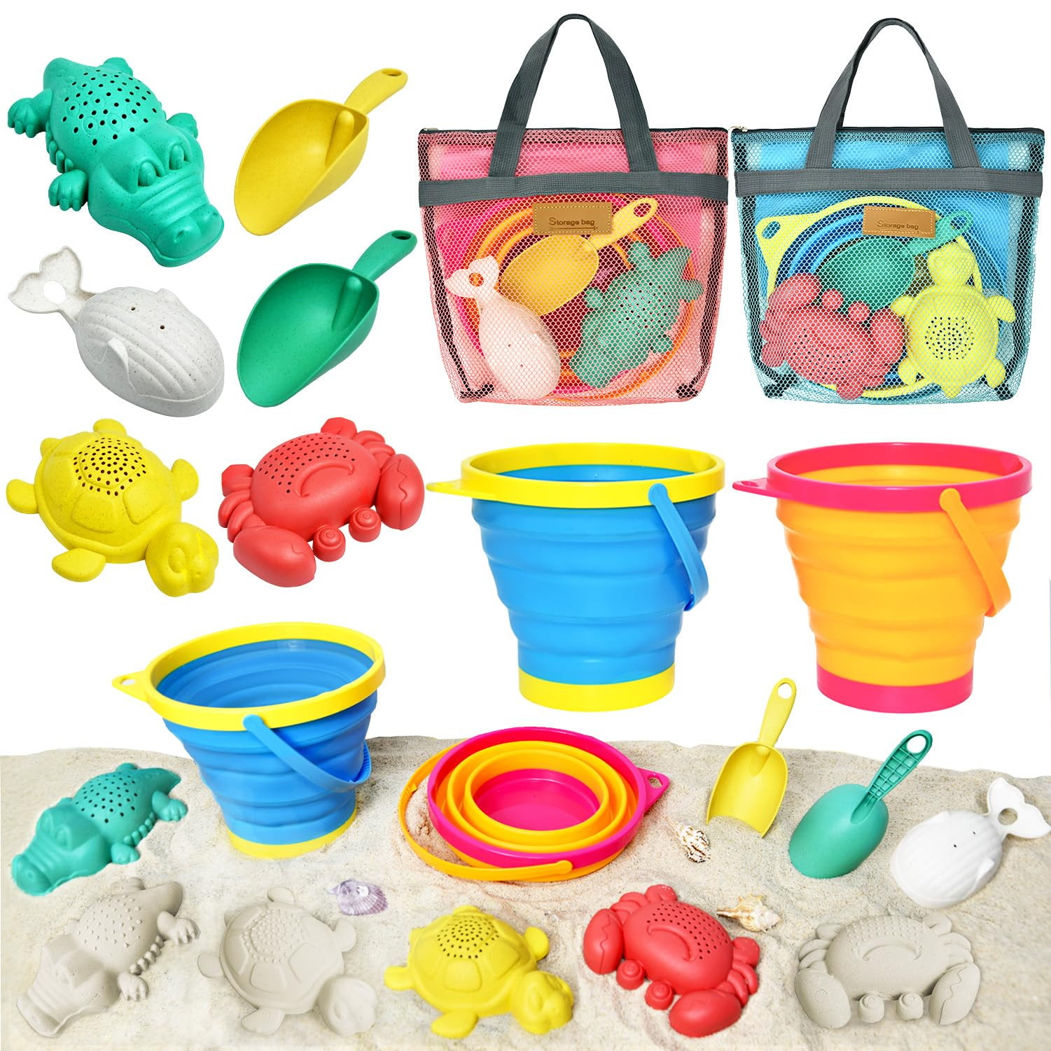 Collapsible Beach Sand Toys for Kids - Travel Beach Toys with 2 Collapsible Beach Buckets, Mesh B... | Amazon (US)