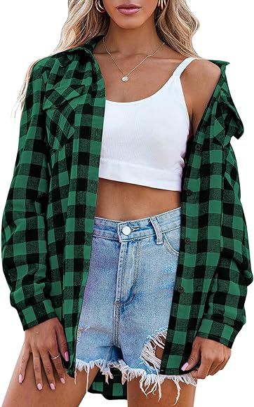 Zeagoo Womens Flannel Shirts Long/Roll Up Sleeve Collared Button Down Plaid Shirt Casual Work Top... | Amazon (US)
