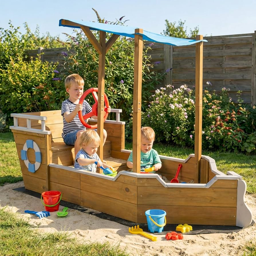 Wooden Kids Sandbox, Ship-Shape Sand Box Toy Box with Bench Seat & Hidden Storage Space, Outdoor ... | Amazon (US)