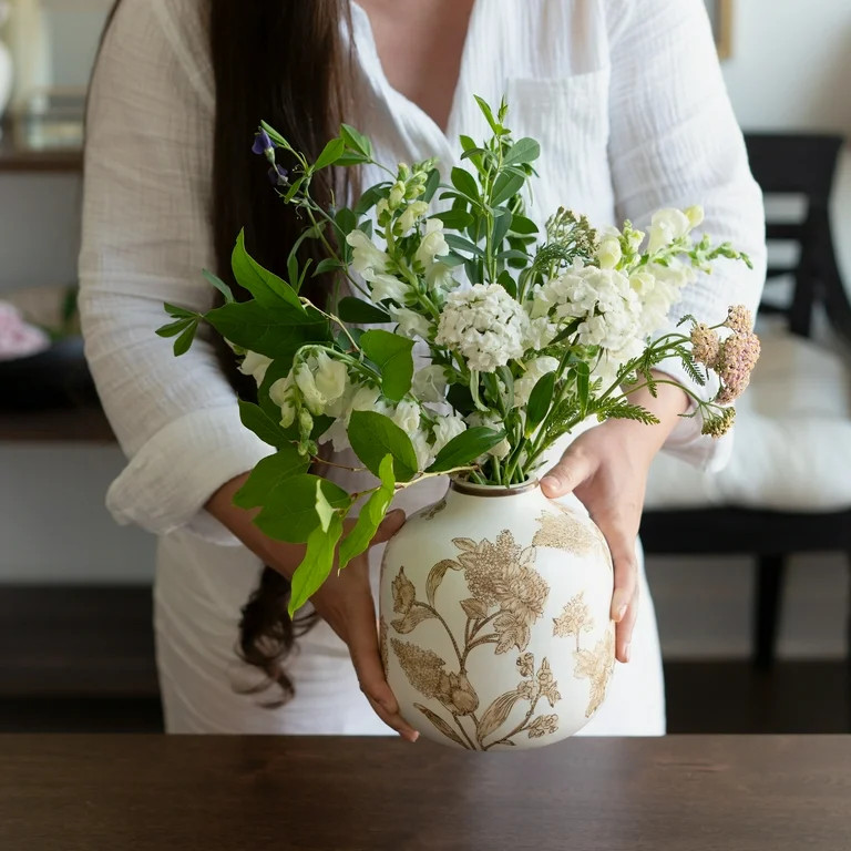 Home Decor Collection White Ceramic Brown Floral Painted Tabletop Vase | Walmart (US)