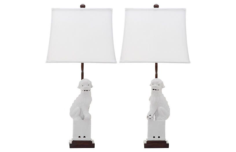 S/2 Foo Dog Table Lamp, White | One Kings Lane