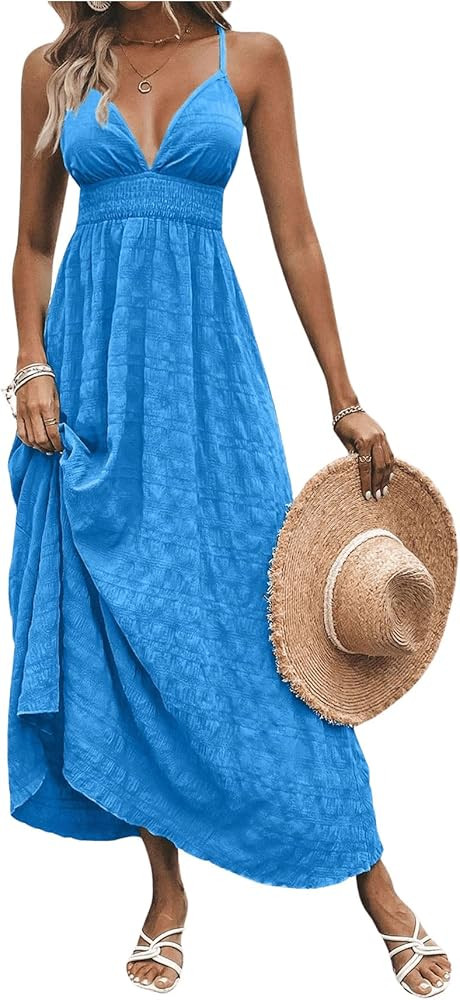 Milumia Women's Summer V Neck Backless Maxi Dress Boho Spaghetti Strap A Line Flowy Beach Long Su... | Amazon (US)