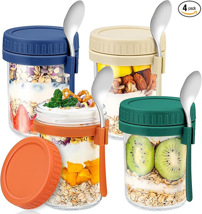 DRKIO 4 Pack Glass Overnight Oats Containers with Lids and Spoons 16 Oz Mason Jars for Overnight ... | Amazon (US)