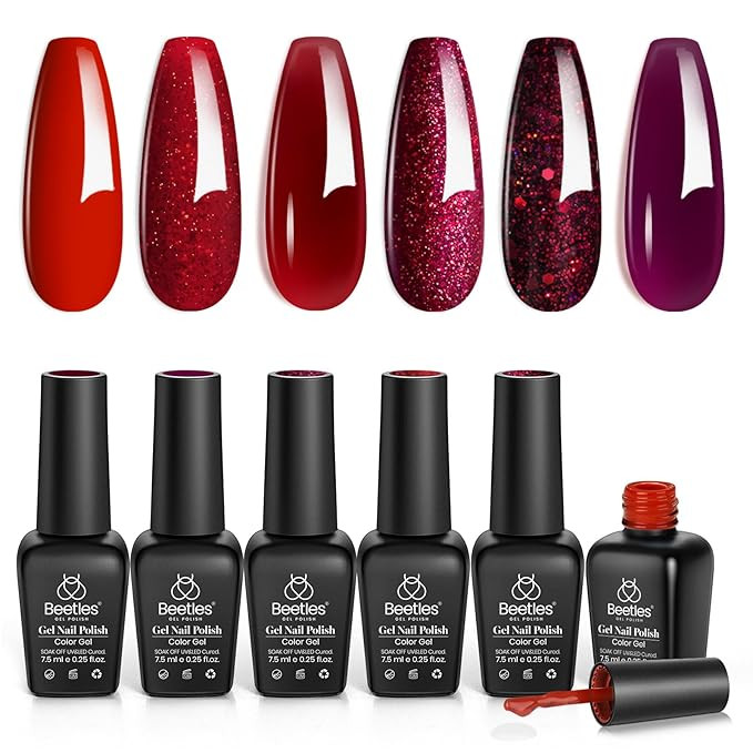 Beetles Red Gel Nail Polish Set, Poinsettia Kit Dark Red Burgundy Red Glitter Gel Polish Kit Soak... | Amazon (US)