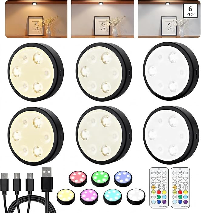 HOLKPOILOT Puck Lights with Remote, Under Cabinet Lights,2000mAh Battery Operated Closet Lights, ... | Amazon (US)