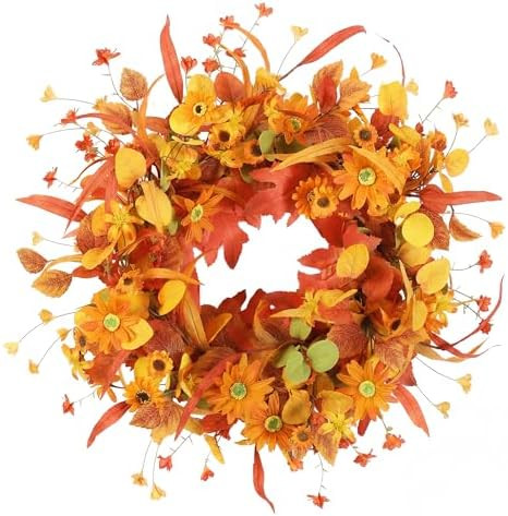 20" Fall Wreath Front Door Artificial Daisy Wall Decor Farmhouse Autumn Wreath Thanksgiving Home ... | Amazon (US)