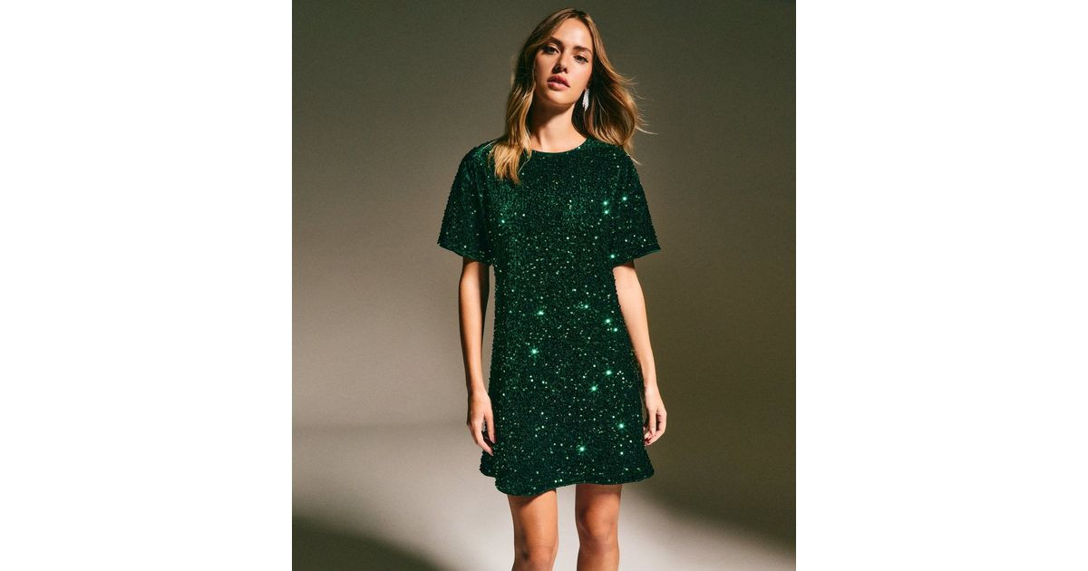 Dark Green Velvet Sequin T-Shirt Dress | New Look | New Look (UK)