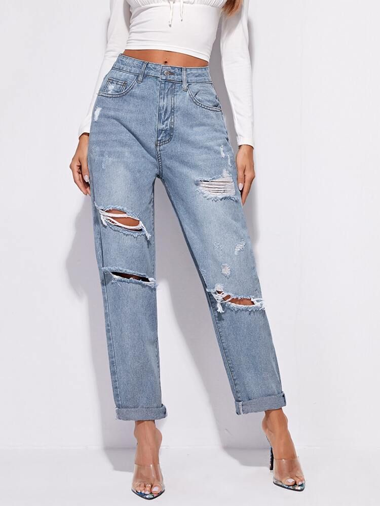 Ripped Cut Out Rolled Hem Jeans | SHEIN