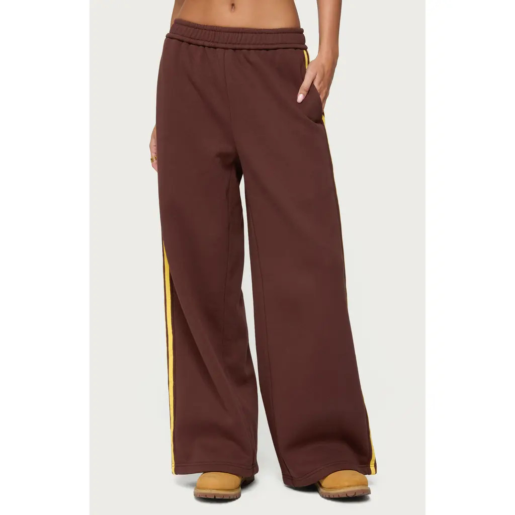EDIKTED Sorin Side Stripe Wide Leg Sweatpants in Brown at Nordstrom, Size Medium | Nordstrom