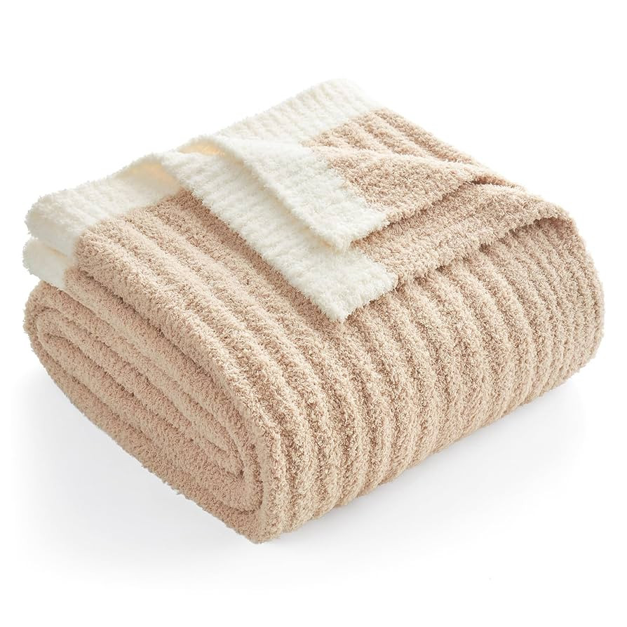 Snuggle Sac Soft Ribbed Beige Throw Blanket for Couch, Luxurious Fluffy Cozy Knit Throws for All ... | Amazon (US)
