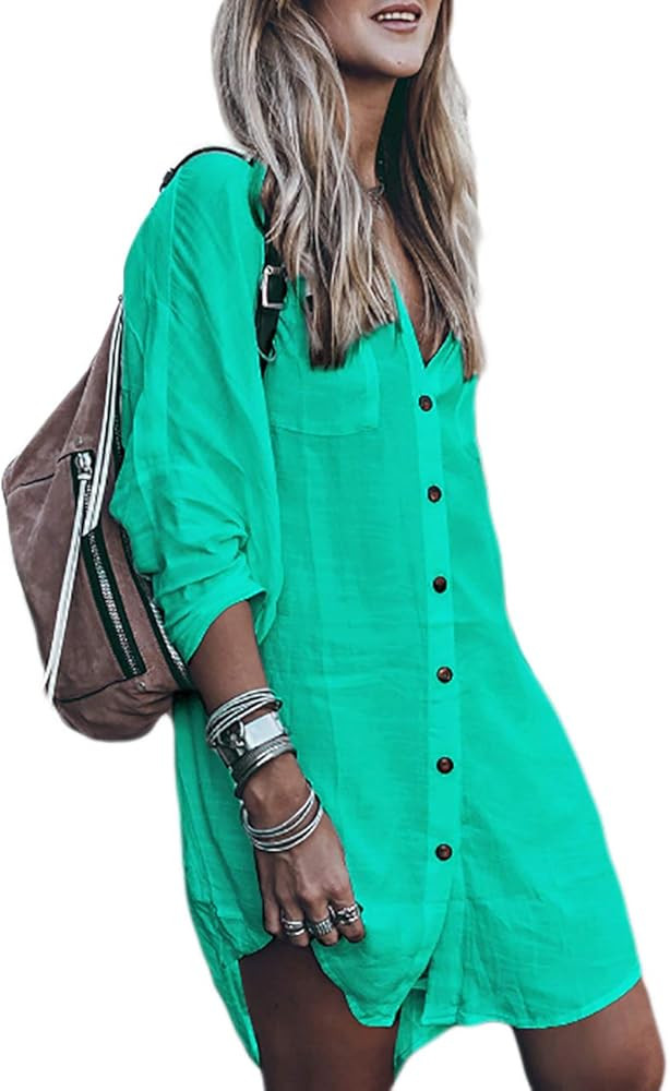 Bsubseach Women Loose Long Sleeve Swimsuit Cover Ups Button Down Beach Shirt | Amazon (US)