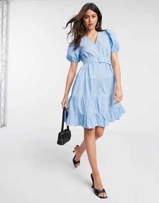 Vero Moda tiered smock dress with removable belt in blue | ASOS (Global)