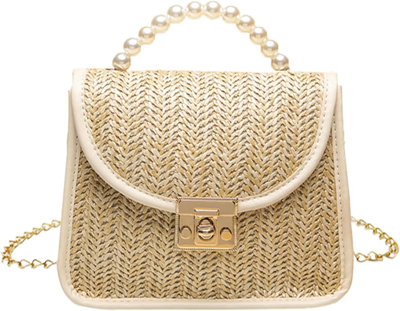 Straw Bag for Women, Summer Woven Crossbody Shoulder Bag Small Pearl Top Handle Handbag Flap Satc... | Amazon (US)