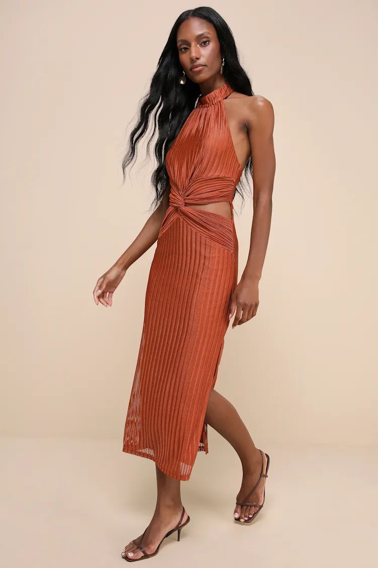 Poised Attitude Rust Orange Halter Cutout Twist-Front Midi Dress | Lulus