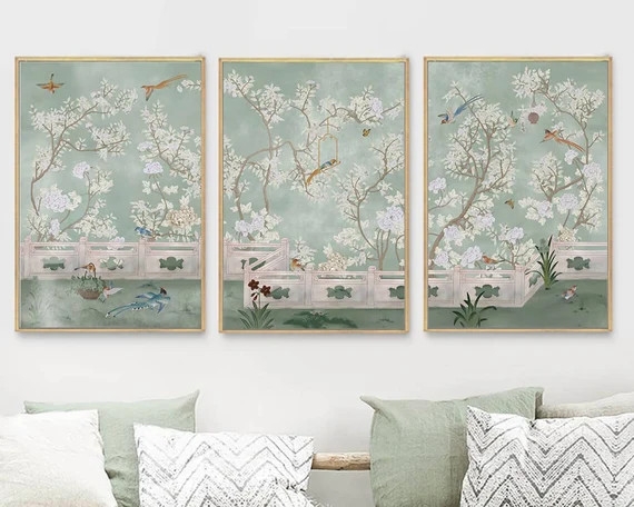 NAUZHA Chinoiserie Green Panels Set of 3 Silk Fabric Wall - Etsy | Etsy (US)