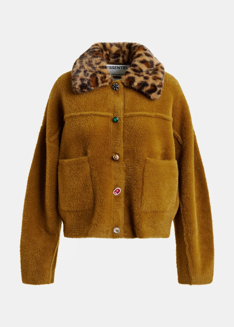 Brown cardigan with removable leopard faux fur collar | Essentiel Antwerp United States | Essentiel Antwerp