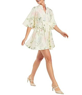 Mestiza New York Carmen Pastel Floral Print Mandarin Collar 34 Full Sleeve Bow Tie Mini A-Line Dress - 4 | Dillard's