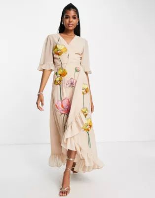 Hope & Ivy embroidered wrap maxi dress in peach floral | ASOS (Global)
