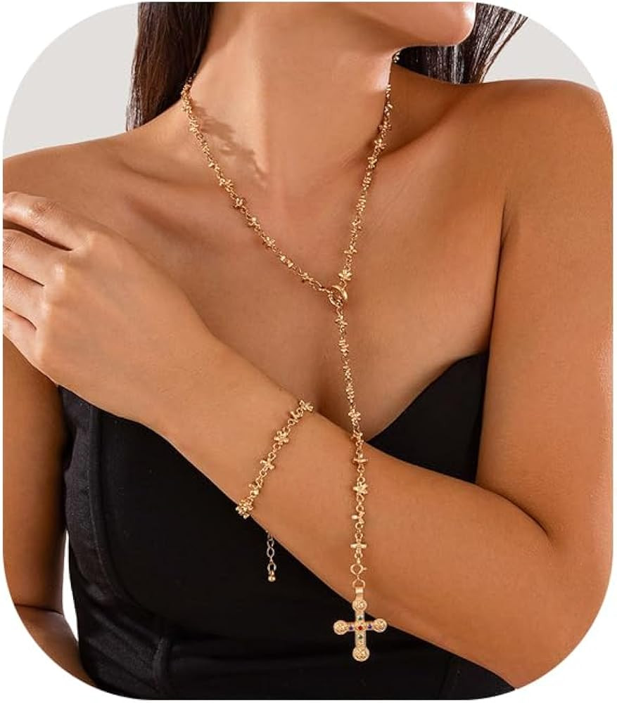 Rhinestone Long Chest Chain Necklace and Bracelet Set Sexy Bikini Crystal Cross Pendant Clavicle ... | Amazon (US)