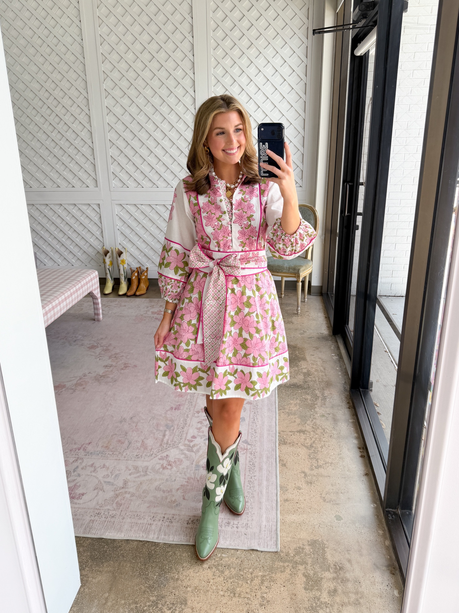 Spring outfit idea! Wearing an XS in dress. Boots are from Petite Paloma - can’t link in LTK 💗