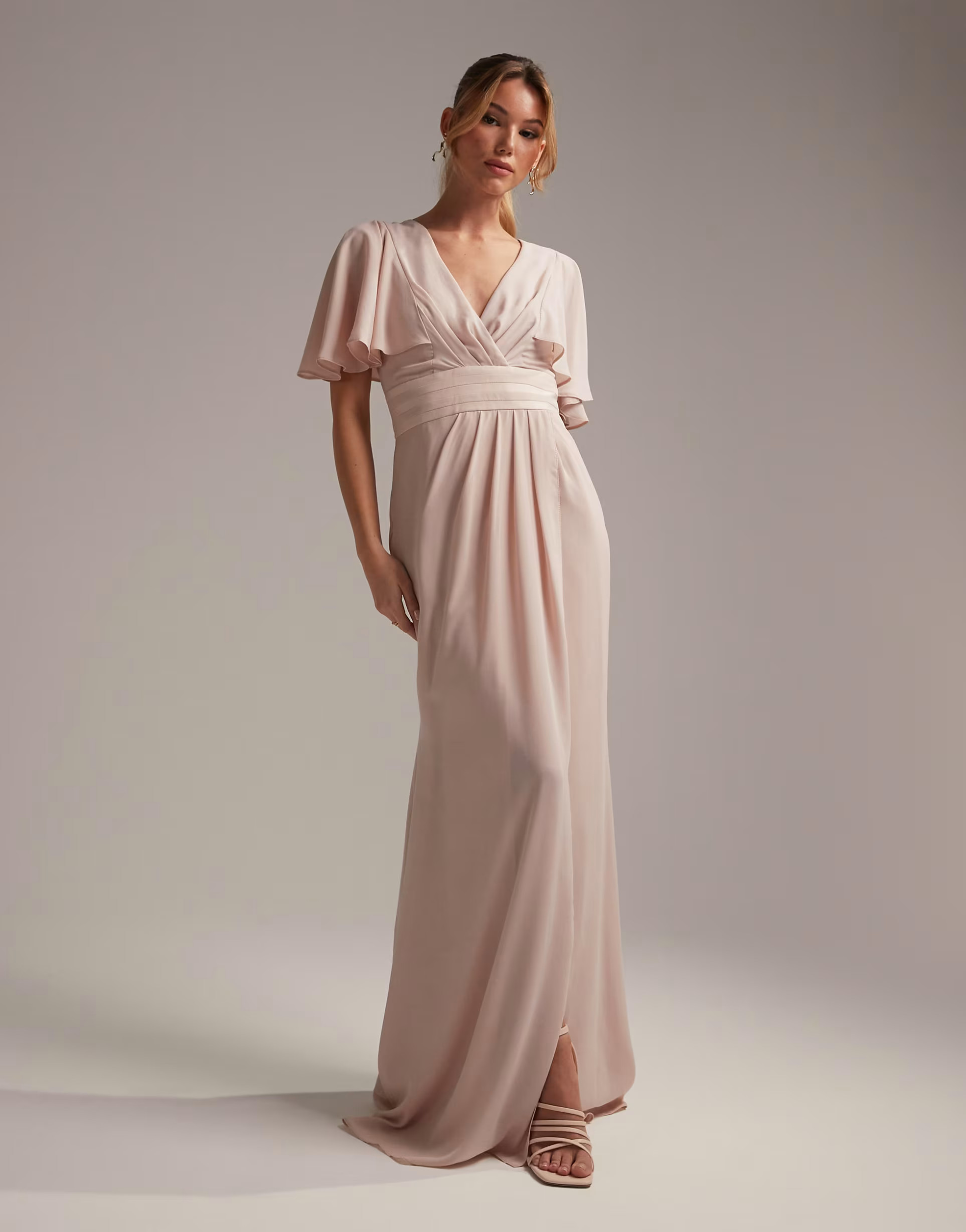 ASOS DESIGN Bridesmaid flutter sleeve maxi dress with satin trim detail and wrap skirt | ASOS | ASOS (Global)